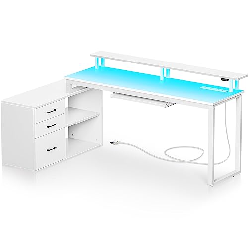 Rolanstar White L Shaped Computer Desk with Drawers, Power Outlet, LED Strip, and Keyboard Tray