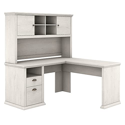 Bush Furniture Yorktown 60-Inch Corner Desk with Hutch, Linen White Oak