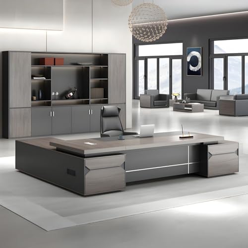 KWOKING Executive Office Desk with Cable Management & Wood Tabletop - Grey, 94.5"L x 63"W x 29.5"H