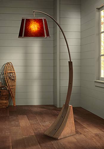 Franklin Iron Works Rustic Farmhouse Mission Arc Floor Lamp 66 1/2" Tall Dark Rust Natural Wood Amber Mica Drum Shade