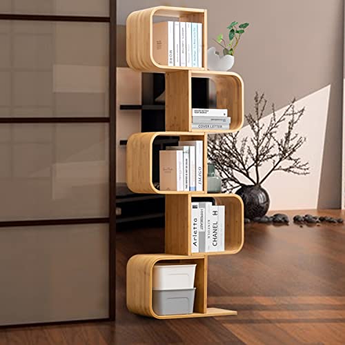 Briteman 5-Tier S-Shaped Geometric Bamboo Bookshelf - Large Capacity Creative Display Rack & Bedside Table 2 in 1 - Bookcase Storage for Home, Office, Living Room