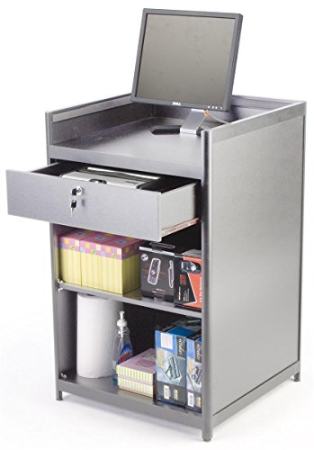 Displays2go Silver Laminate Cash Register Stand with Locking Drawer and Adjustable Storage Shelf, 24 x 38 x 23-3/4-Inch
