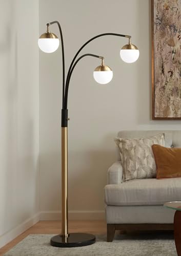 Possini Euro Design Rayne Modern Mid Century Arc Floor Lamp 3-Light LED 72" Tall Warm Gold Black Frosted Glass Globe