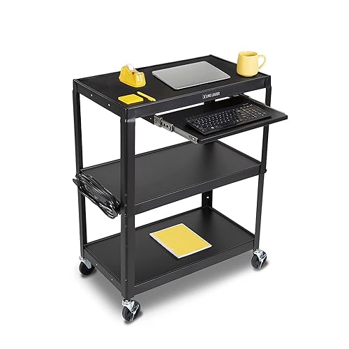 Stand Steady Line Leader Large Metal Utility Cart with Retractable Keyboard Tray | Height Adjustable 3 Tier Rolling Cart | Includes Power Strip & Cord Management | Easy Assembly (34in x 20in x 42in)