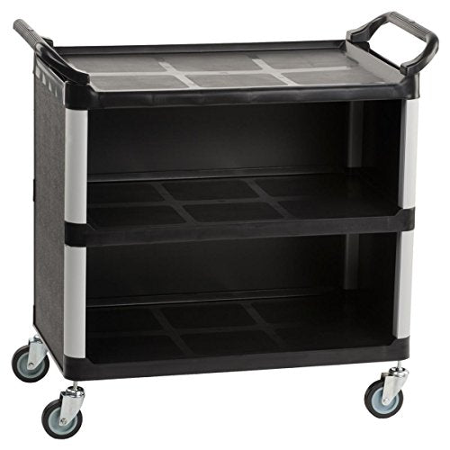 Displays2go 3-Shelf Utility Cart with Swivel Wheels, Enclosed Design, 2 Side Handles, Plastic & Aluminum (Black)