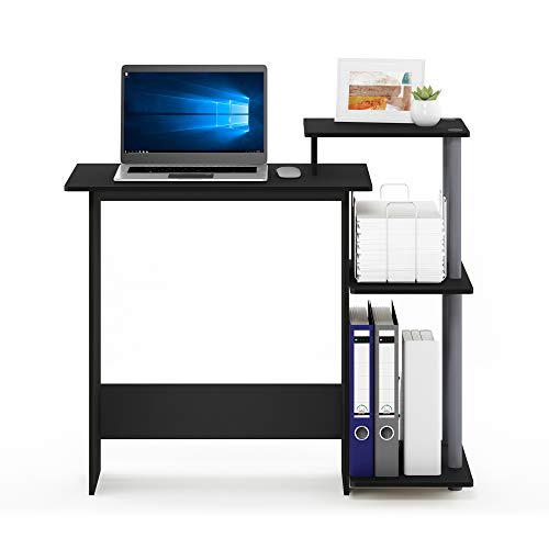 FURINNO Efficient Home Laptop Notebook Computer Desk, Square Side Shelves, Black/Grey