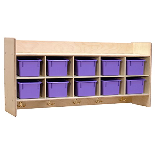 Contender 10 Section Cube Wall Mounted Shelf with Plastic Storage Containers for Organizing Toys, Games, School Art and Craft Supplies in Natural Finish