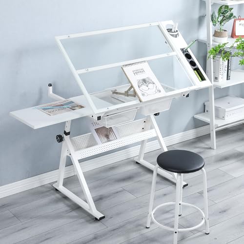 LiviNest Height Adjustable Drafting Table - Modern Glass Artist Drawing Desk with Chair