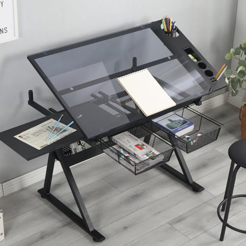 Tzou Drafting Desk with Side Shelf and Chair - Adjustable Drawing Table with Storage Drawers - Tempered Glass Art Table for Home Office