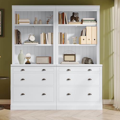CuisinSmart Tall Bookshelf with LED Light and Drawers - White (2PCS)