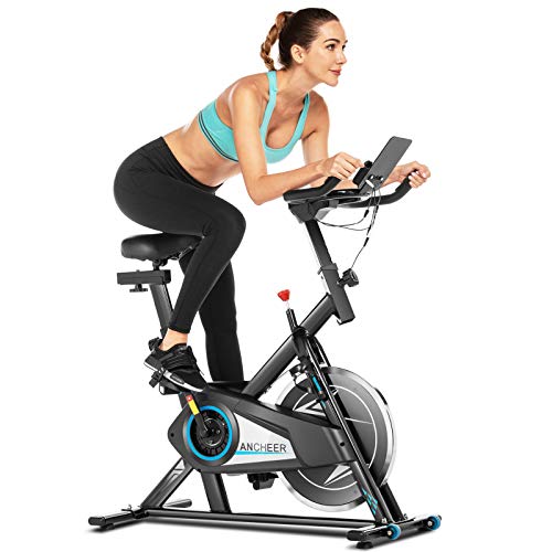 ANCHEER Exercise Stationary Bike, Indoor Cycling Bike Belt Drive with APP Connection, Adjustable Resistance, LCD Monitor, Comfortable Cushion,Pad/Phone Holder, Quiet for Home Gym Cardio Workout