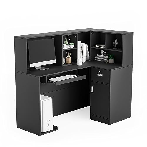 LEADZM L-Shaped Reception Desk with Counter, Lockable Drawers, Adjustable Shelf - Black (55.9" W x 18.9" D x 48" H)