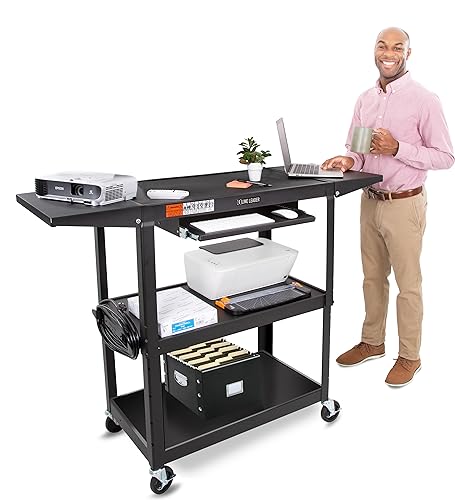 Stand Steady Large Metal Utility Cart with Drop Leaves | Height Adjustable 3 Tier Rolling Cart | Pullout Keyboard Tray & Cord Management | Easy Assembly (56in x 20in x 42in)