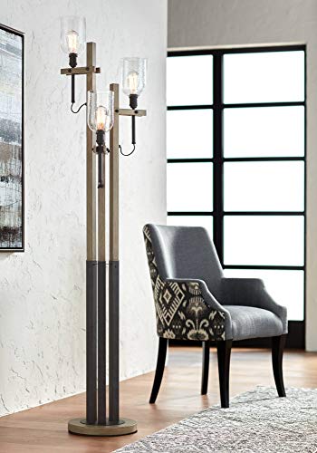 Franklin Iron Works Giddeon Rustic Farmhouse Floor Lamp Tree 3-Light 72.5" Tall Gray Faux Wood Grain Glass