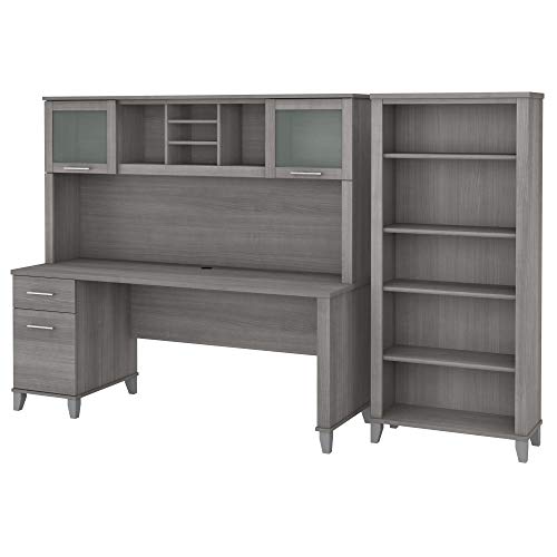 Bush Furniture Somerset 72W Office Desk with Hutch and 5 Shelf Bookcase in Platinum Gray