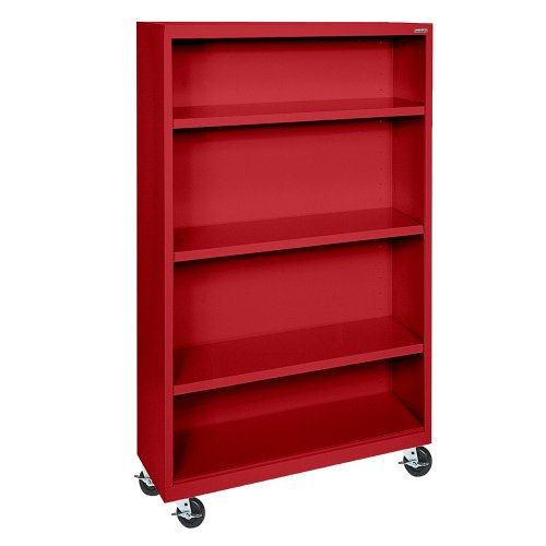 Sandusky Lee BM30361852-01 Red Steel Mobile Bookcase, 3 Adjustable Shelves, 200 lb. Per Shelf Capacity, 58" Height x 36" Width x 18" Depth