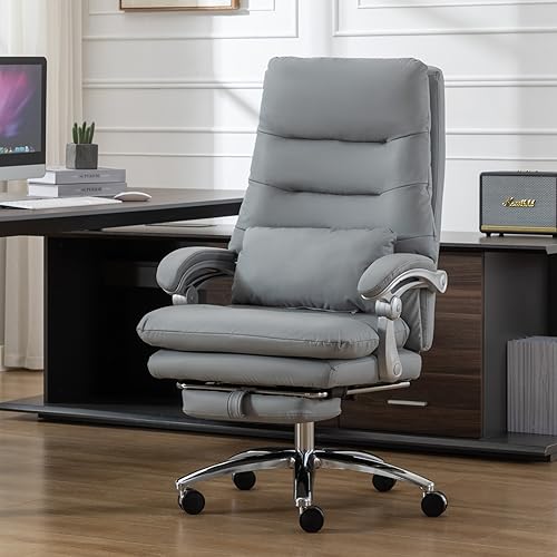 BOWTHY High Back Executive Office Chair with Foot Rest - Gray Comfy Chair with Reclining Desk, Padded Armrests, and Thick Cushion