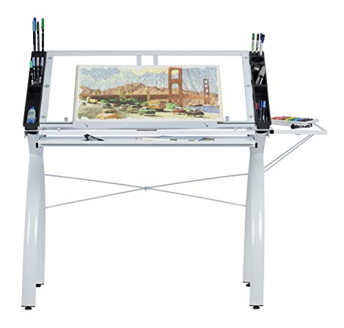 SD Studio Designs 10096 Futura Station Drafting Craft Table with Folding Shelf Top, Adjustable, White/Clear Glass