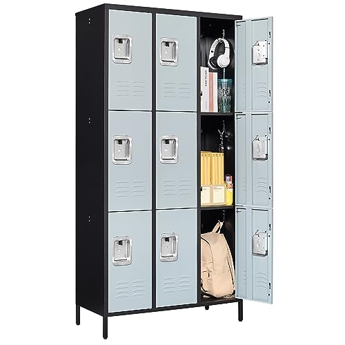 Letaya Metal Lockers for Employees - 9 Door Storage Locker with Shelves and Lockable Steel Cabinet - Black & Gray, 9 Door