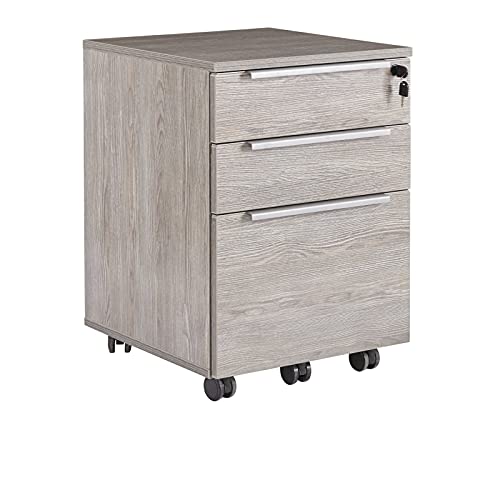 Unique Furniture Mid-Century Modern 3-Drawer Vertical File Cabinet with Castors, Central-Locking System, Freestanding Storage - Grey