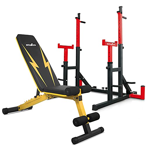 STOZM Combo Barbell Rack & Adjustable Weight Bench with Foldable Design for Weight Lifting & Full Body Workout – 14-Gauge Steel Frame (Red/Amber)