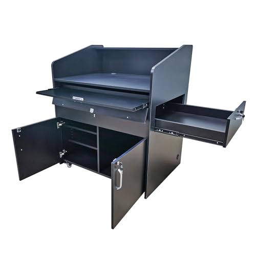 FixtureDisplays Multimedia Podium Pulpit Lectern with Cabinet, Side Drawer & Keyboard Tray - Black 119704-NF