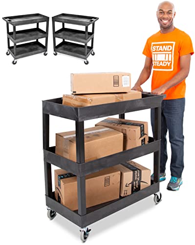 Stand Steady Tubstr 3 Shelf Utility Push Cart 2 Pack - Heavy-Duty Plastic Service Cart, 300 lbs Capacity, Black (32 x 18)