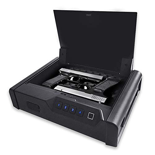 Alfuheim Biometric Gun Safe, Smart Handgun Safe with 4 Digits Code, Quick Fingerprint Access Gun Box and Auto-Open lid, 2 Pistol Capacity, Gun Cabinet for Home, Personal and Car Security