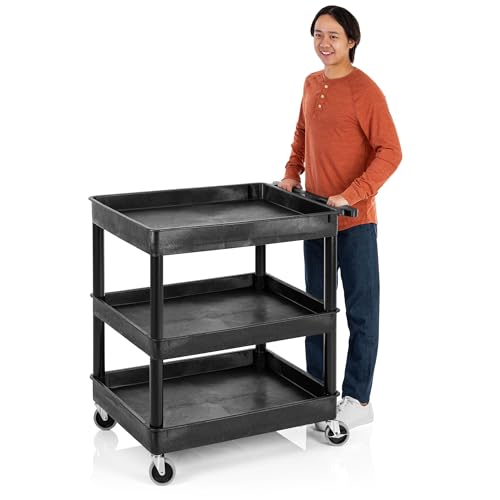 Stand Steady Tubstr Large 3 Shelf Utility Cart | Made in USA | Heavy Duty | Holds 300 lbs. | Storage & Rolling Tool Cart (32 x 24in / Black)