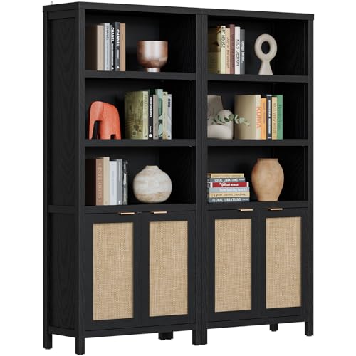 SICOTAS 5 Tier Rattan Boho Bookcase with Doors - Black 2PCS