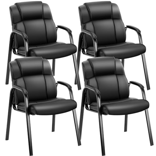 Sweetcrispy Leather Guest Chairs with Padded Arms, Black, 4 Pack
