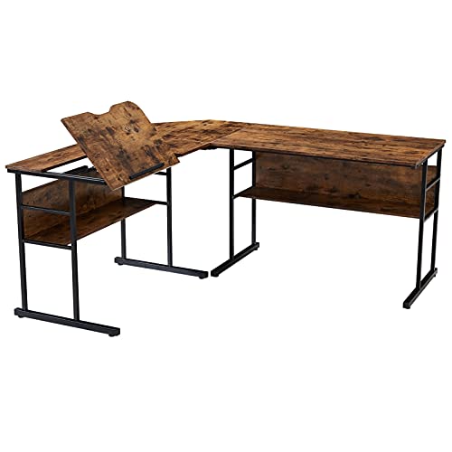 U/D Home Office L-Shaped Desk with Bottom Bookshelves and CPU Stand, Multi-Function Drafting Drawing Table (Color : Brown)