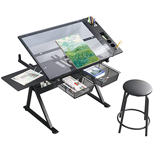 LIFE SKY Adjustable Glass Drafting Table - Tempered Glass Artists Drawing Table with Storage