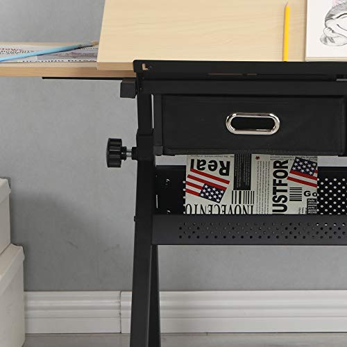 Adjustable Wood Drafting Desk with 2 Drawers, Angle Adjustable Top and Stool for Home Office and School(Wood)