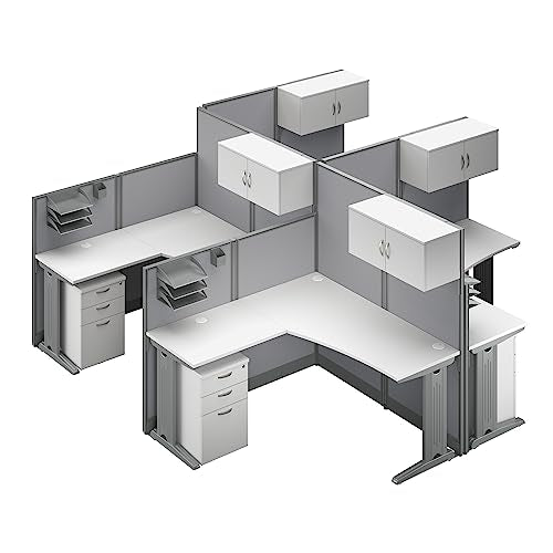 Bush Business Furniture Office in an Hour L Shaped Cubicle Desks with Storage and Privacy Panels | Quad Workstation Set for 4 People, Pure White