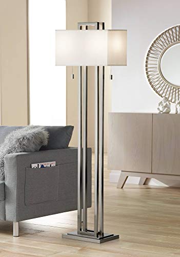 Possini Euro Design Double Tier Standing Floor Lamp 62" Tall Brushed Nickel Silver Rectangular Off White Shade