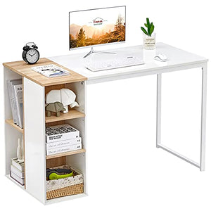 Computer Desk with Storage Shelves 47” White Office Desk with Drawers Small Kids Writing Desk Student Study Table Modern Wood Pc Laptop Gaming Desk for Home Work, Splicing Oak with Metal Legs