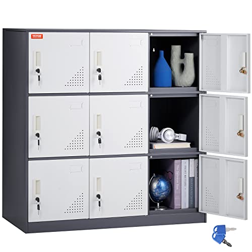 VEVOR Metal Employee Locker, 9 Doors Storage Cabinet with Card Slot, Gray Steel, Keys, 66lbs Capacity