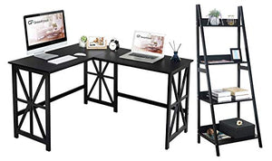 GreenForest L Shaped Desk and Ladder Shelf Bundle, Industrial Style Compact Design Home Office Furniture Set, Black