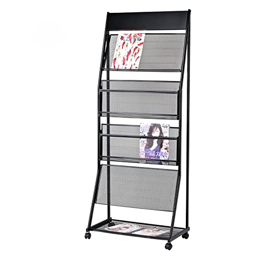 Generic 4-Layer Brochure Display Stand with Wheels, Floor Standing Magazine Rack for Exhibitions, Office, 64 * 35.5 * 159cm Black