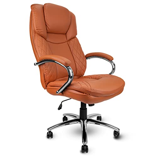 US Office Elements Big and Tall Executive Office Chair - 400lbs Capacity, PU Leather, High Back, Swivel, Tilt, Adjustable Height - Camel Brown