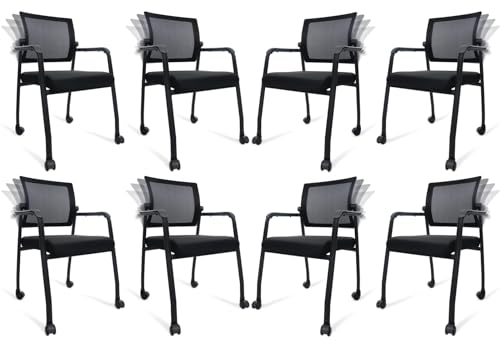 KLASIKA Adjustable Mesh Backrest Waiting Room Chairs with Wheels, Ergonomic Lumbar Support, 8 Pack Black