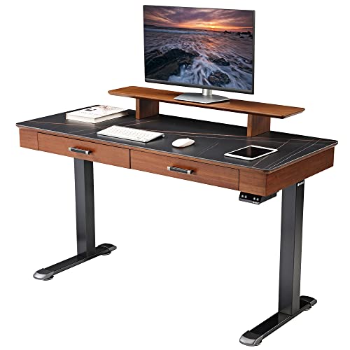 EUREKA ERGONOMIC Electric Standing Desk with Drawers, 55" Height Adjustable, Monitor Shelf, APP Control, Sintered Stone Desktop - Black/Walnut