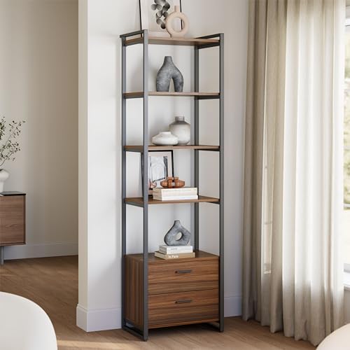 EUREKA ERGONOMIC Tall Bookshelf with 2 Drawers, 85" 5-Tier Walnut Bookcase