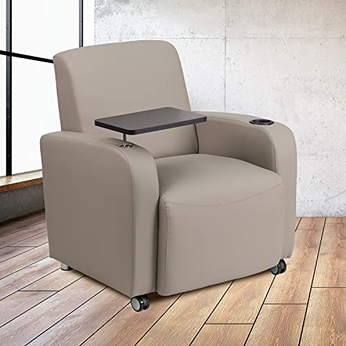 BizChair Gray LeatherSoft Tablet Arm Chair with Front Wheel Casters and Cup Holder