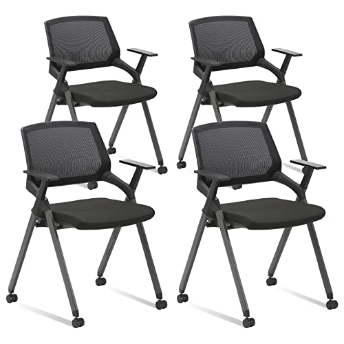 CLATINA Mesh Guest Reception Stack Chairs with Caster Wheels and Arms - Black (4 Pack)