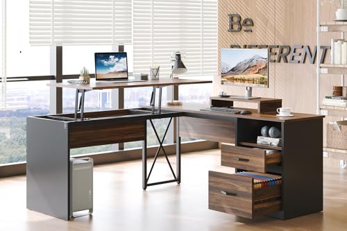 Bestier L Shaped Desk with File Drawer and Reversible Storage Drawers, Walnut, 55'' x 55''