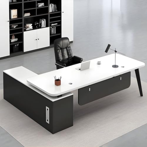 KWOKING Modern L-Shape Executive Desk with Steel Base - White 78.7"L x 23.6"W x 29.5"H