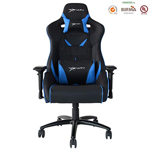 EWin Computer Gaming Office Chair 330lbs 4D Adjustable Armrests Ergonomic High-Back PU Leather Tilt Rocker Seat Height Adjustment Mechanisms Black Blue with Pillows(Flash Normal Series)