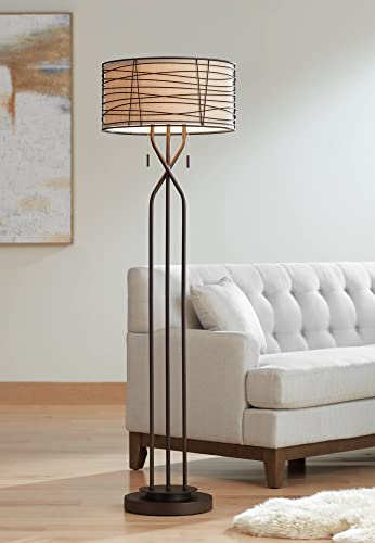 Franklin Iron Works Marlowe Industrial Rustic Farmhouse Floor Lamp - 60 1/2" Tall Bronze Woven Iron Metal Burlap Fabric Double Drum Shade